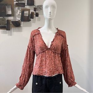 Chelsea & Violet Boho Bohemian Pink Long Sleeves Floral Blouse Relaxed Fit Sz L